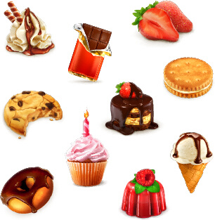 Cookies mit Süßigkeiten und Kuchen-Vektor-Icons set