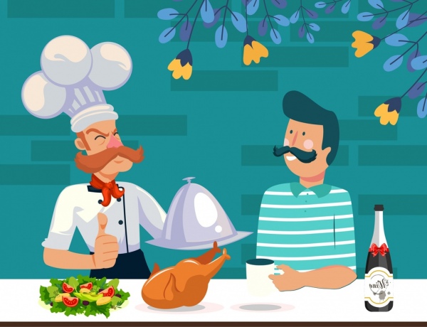 culinária fundo chef cliente comida ícones personagens de desenhos animados