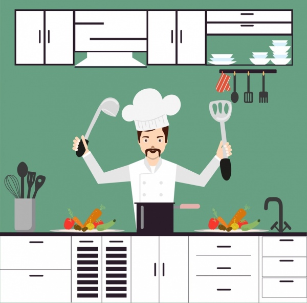 cozinheiro de fundo de cozinha decoração de ícone dos desenhos animados