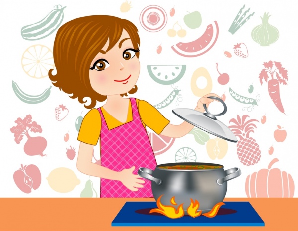 料理の背景の女性料理アイコン ビネット食材の背景