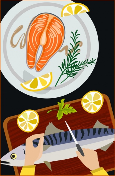 latar belakang memasak ikan masakan ikon warna-warni desain
