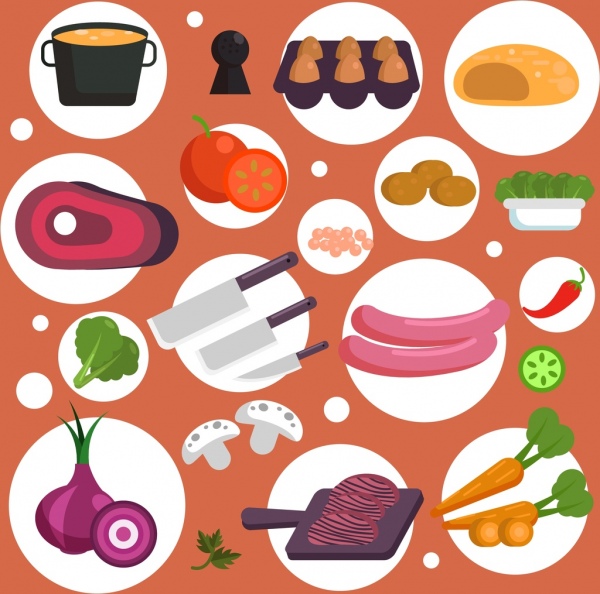 cozinhar fundo alimentos utensílios ícones círculos isolamento