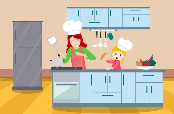 烹飪背景 母親 女兒 廚房 圖示 卡通設計