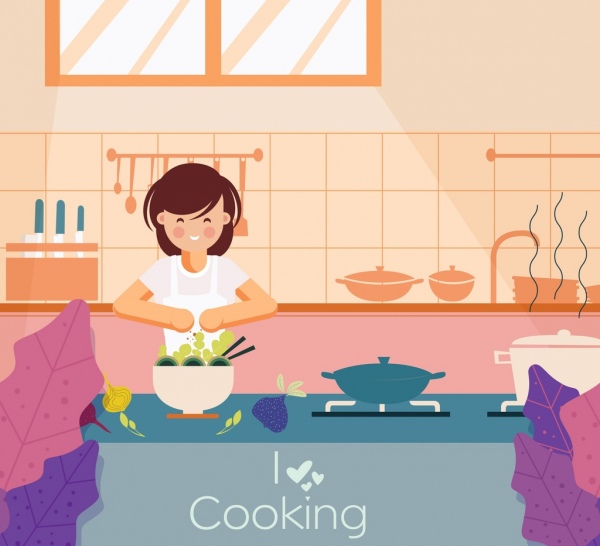 yemek pişirme afiş ev hanımı mutfak gereçleri simgeler karikatür tasarım