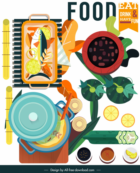 烹飪橫幅成分素描五顏六色的經典平面設計
