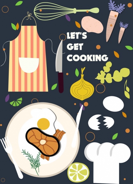 Yemek Afişi Malzemeler Mutfak Eşyaları Simgeler Düz Tasarım