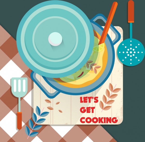 Bannière de cuisine Ustensiles de cuisine icônes colorés Design classique