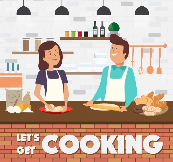 yemek pişirme afiş adam kadın mutfak simgeleri karikatür tasarım