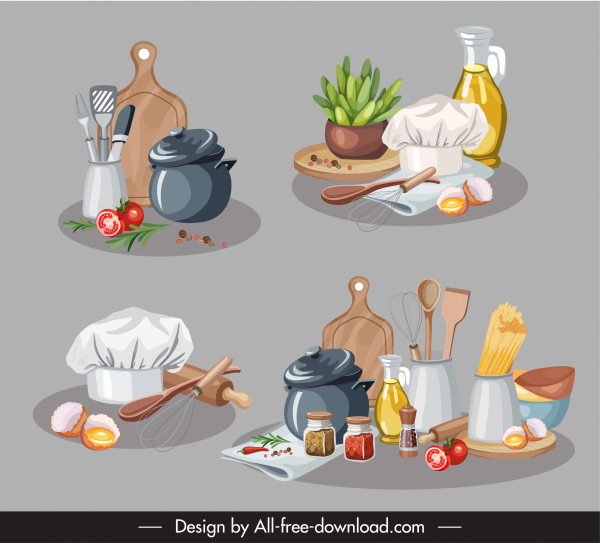 Éléments de conception de cuisson Outils Ingrédients Croquis Design classique