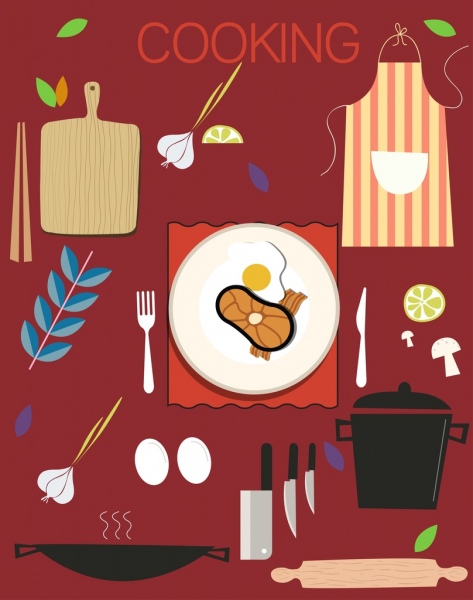 Yemek Pişirme Tasarım Öğeleri Mutfak Eşyaları Gıda Simgeleri Düz Tasarım