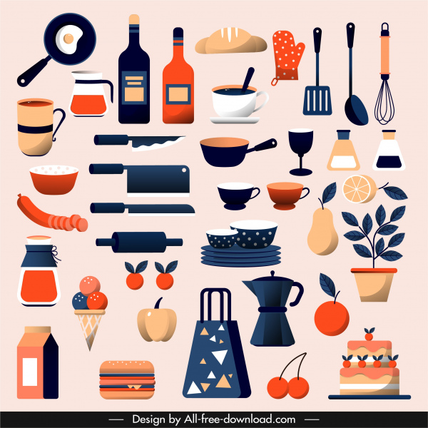องค์ประกอบของการออกแบบการปรุงอาหารเครื่องครัวส่วนผสมที่มีสีสันคลาสสิก