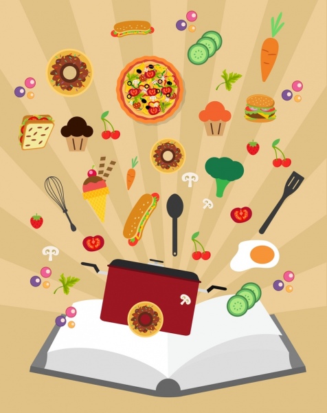 la cucina istruzione sfondo volare cibo ornamento libro icona