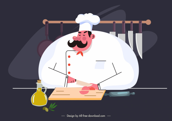烹饪工作绘画厨师准备食物卡通素描