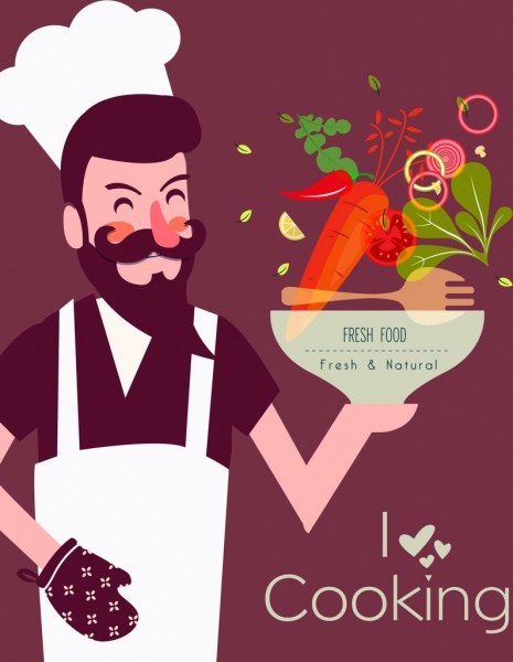Kochplakat Kochen Gemüse Küchen Ikonen Zeichentrickfigur