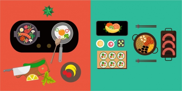 memasak mempersiapkan latar belakang makanan kitchenwares ikon berwarna-warni desain