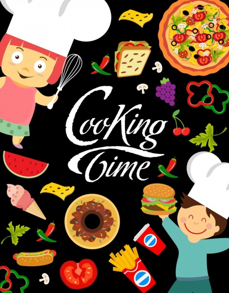烹饪时间横幅儿童各种食品图标装饰