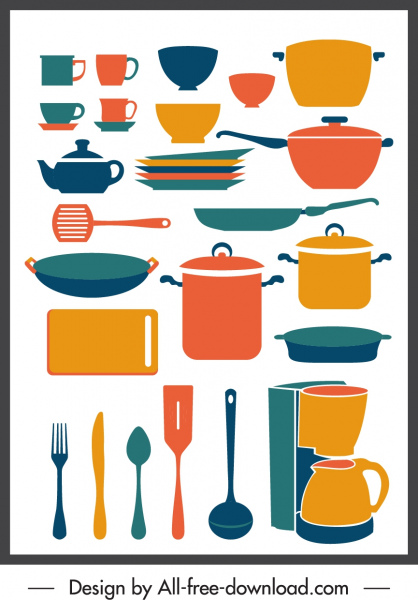 utensílios de cozinha ícones coloridos esboço clássico