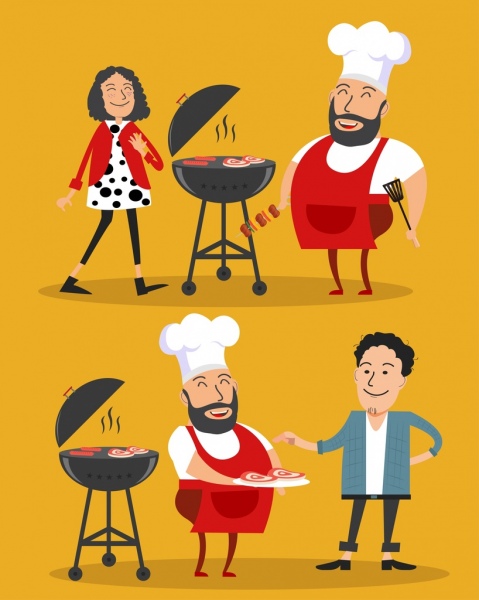 Fondo de trabajo de cocina cocinero de barbacoa los iconos de color de dibujos animados