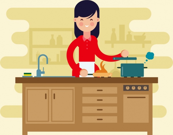 conception de dessin animé d'icône de femme au foyer de travail de cuisine
