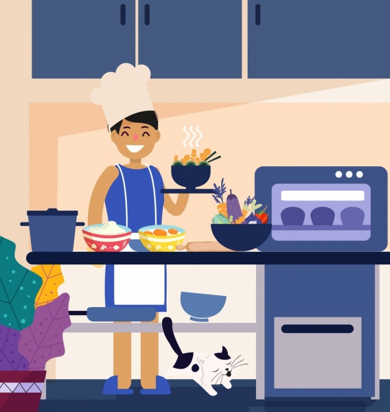 lavoro di cucina sfondo casalinga cucina stoviglie icone disegno cartone animato