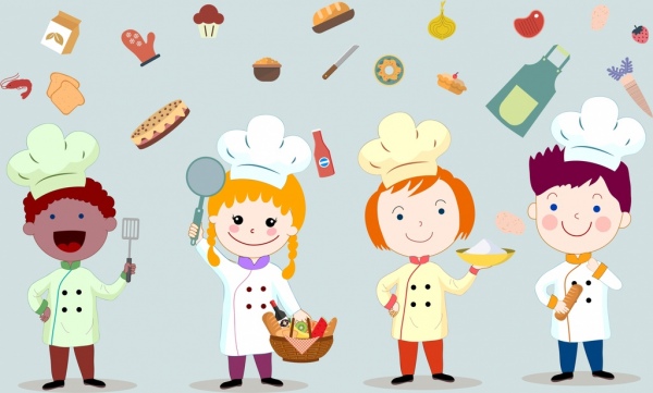yemek pişirme işi arka plan çocuklar gıda simgeleri çizgi film karakterleri