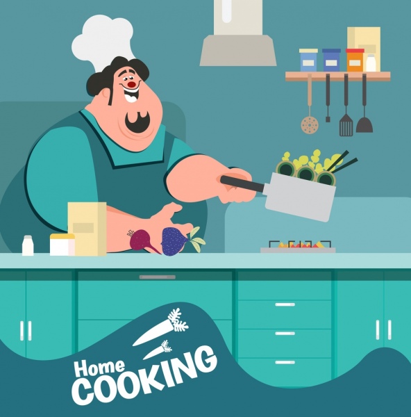 烹飪工作背景 男性廚師圖示卡通設計