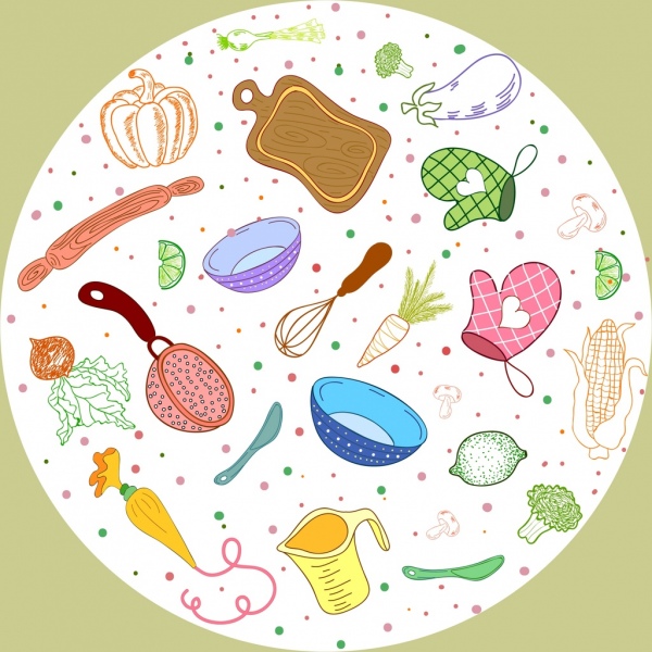 utensílios de fundo de trabalho de culinária ícones de vegetais layout de círculo