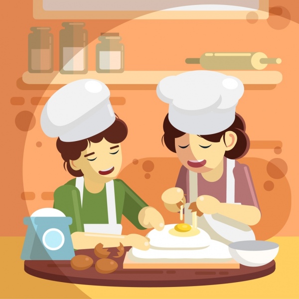 trabajo de cocina fondo mujeres pastelería iconos de dibujos animados de colores