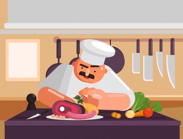 Kocharbeit Malerei Kochen Essen Ikonen Karikatur Design