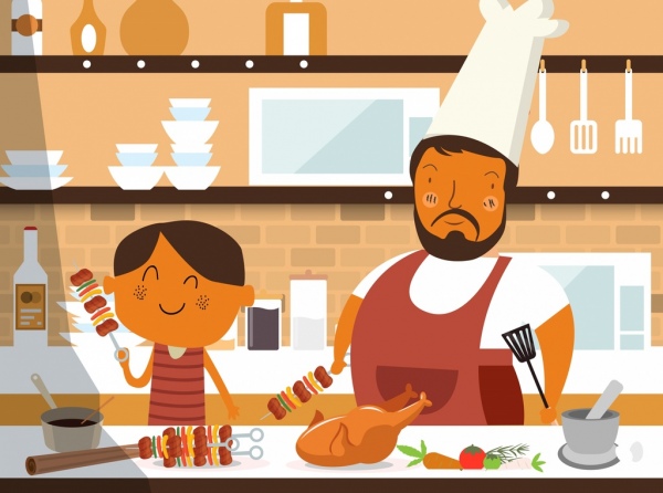 yemek pişirme işi boyama baba oğul mutfak gereçleri gıda simgeleri