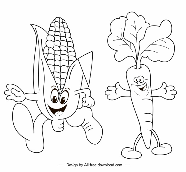 Mais-Karotten-Symbole lustige Cartoon-Charakter handgezeichnete Skizze