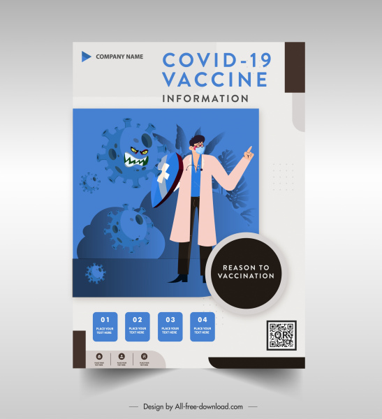 korona aşı poster şablonu stilize virüs doktor kroki