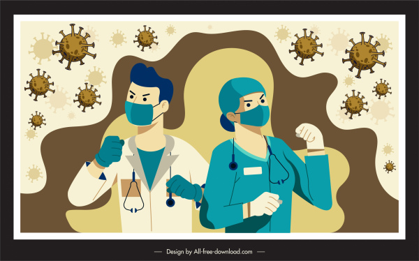 bannière de virus corona combattant l’esquisse de bactéries de médecins