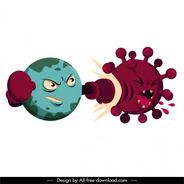 icônes de virus de couronne combattant le dessin animé stylisé drôle