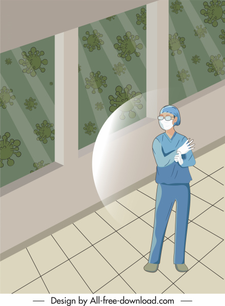 Corona-Virus Poster geschützte Krankenschwester Viren Cartoon-Design