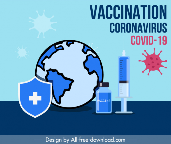 bandera de vacunación contra el coronavirus escudo de la tierra elementos médicos
