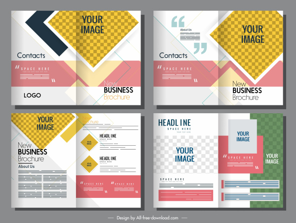 brosur perusahaan template desain warna-warni cerah kotak-kotak dekorasi