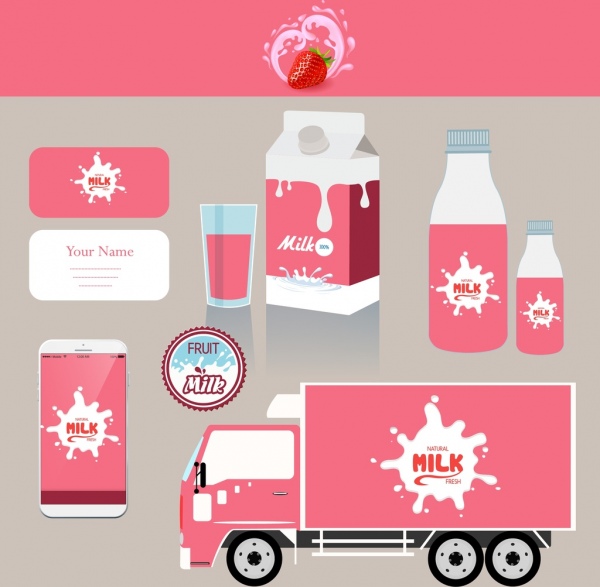 identidade corporativa define a decoração de logotipo rosa espirrar leite
