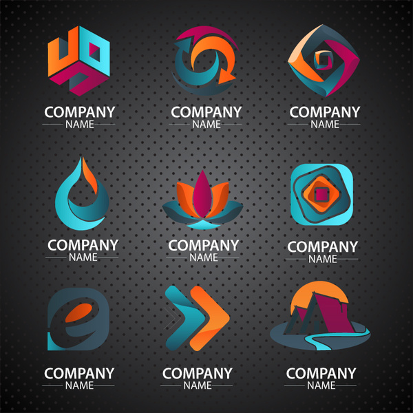 desain logo perusahaan dalam berbagai bentuk berwarna gelap