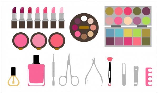 Zestawy akcesoriów kosmetycznych, które różne kolorowe typy płaski