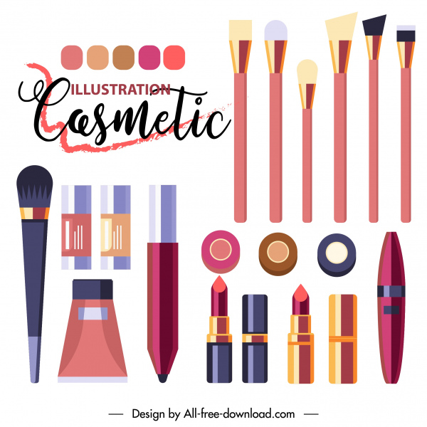 cartel de publicidad cosmética coloridas herramientas planas bosquejo