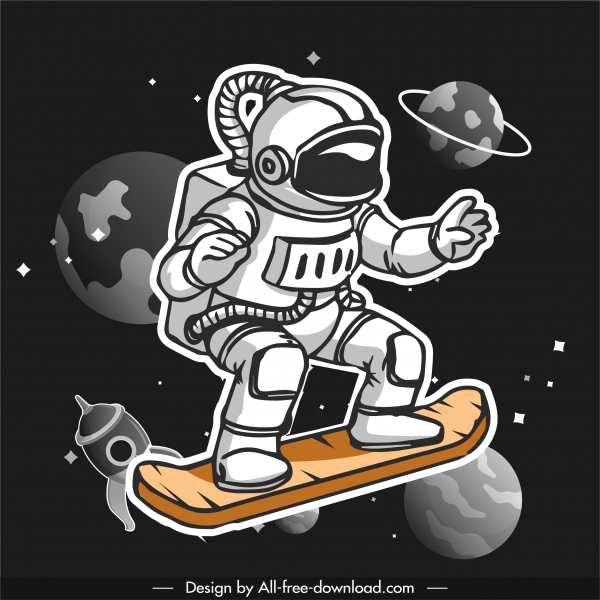 コスモス背景スケートボード宇宙飛行士スケッチ手描きデザイン