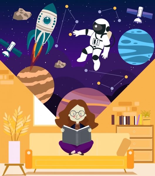 Fondo de ciencia Cosmos leyendo a niña de elementos de diseño de astrología