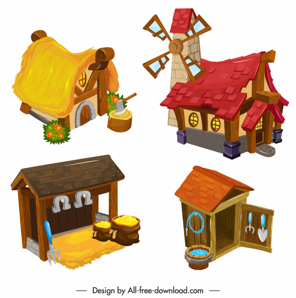 Case di campagna icone colorate 3D schizzo retrò Design