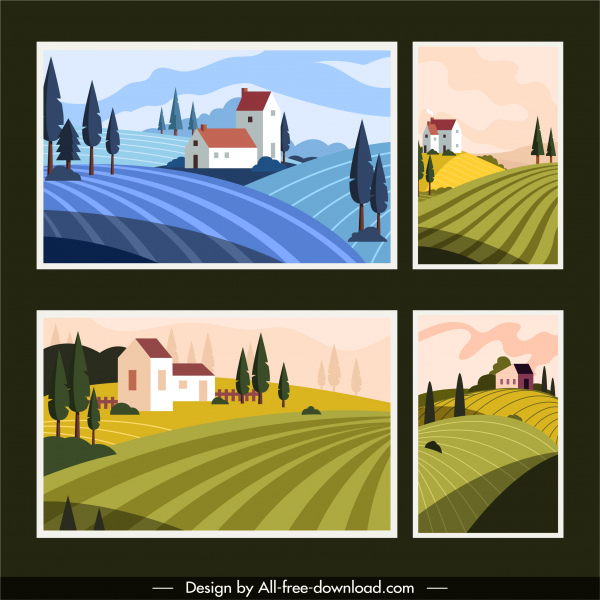 template latar belakang pedesaan warna-warni rumah lapangan klasik sketsa