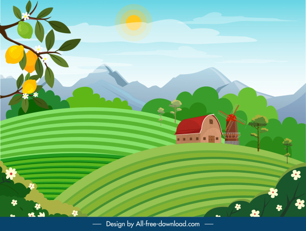 сельской местности пейзаж фон красочный эскиз мультфильма