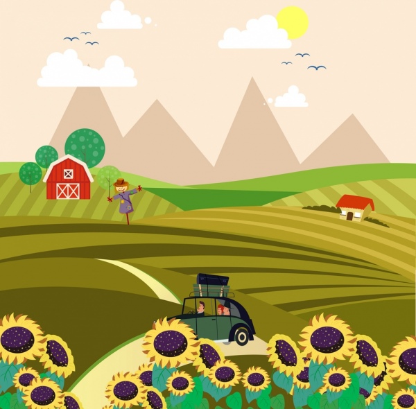 rysunek wiejskiego krajobrazu pole słoneczników samochód ikony
