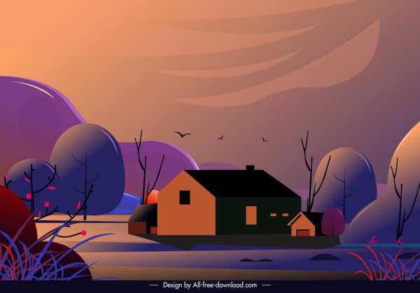paysage de campagne peinture cottage croquis coloré classique