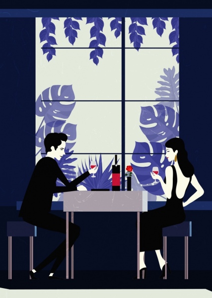 カップルのデート レストラン インテリアの色の漫画の図面設計
