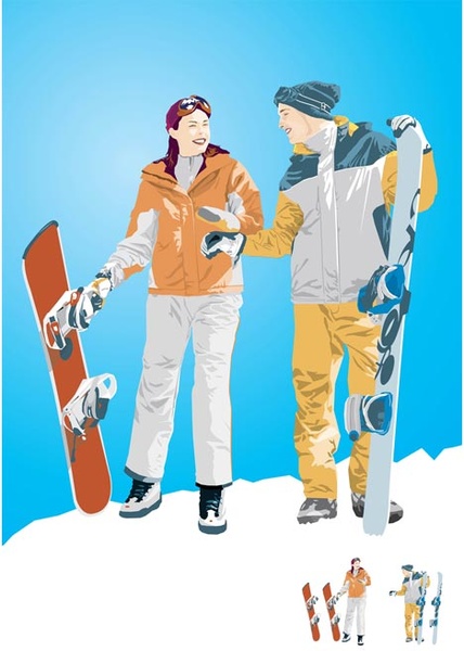 คู่รอยยิ้มหลังจากเล่นสกีในภูเขาภูมิทัศน์เวกเตอร์